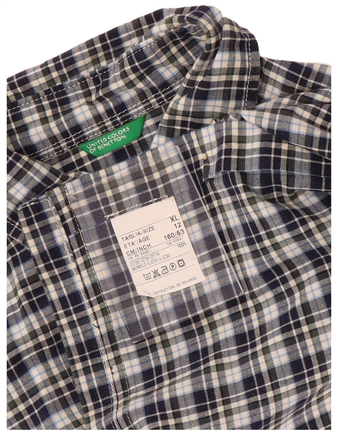 BENETTON Chemise à Manches Courtes Garçon 11-12 ans XL Bleu Marine à Carreaux Coton