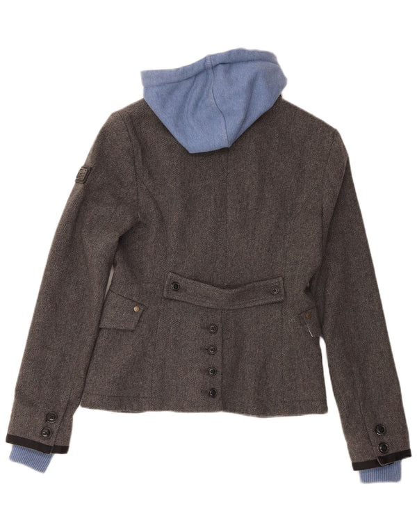 Superdry Veste Blazer à Capuche 2 Boutons Femme UK 10 Petite Laine Grise