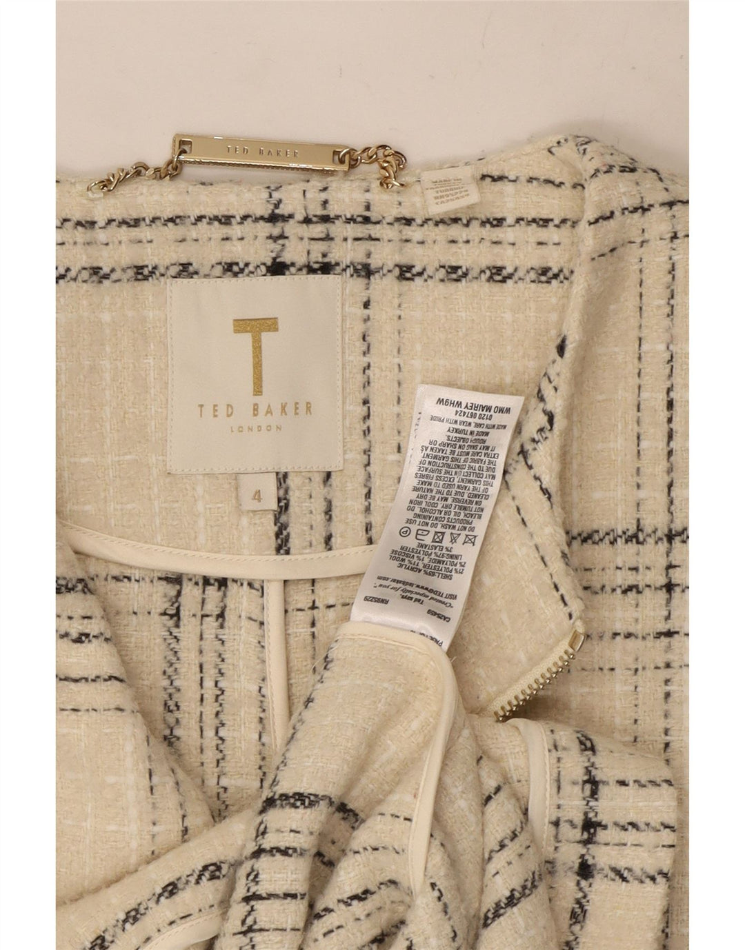 Ted Baker Manteau pour femme Taille 4 Grand en acrylique à carreaux blanc cassé