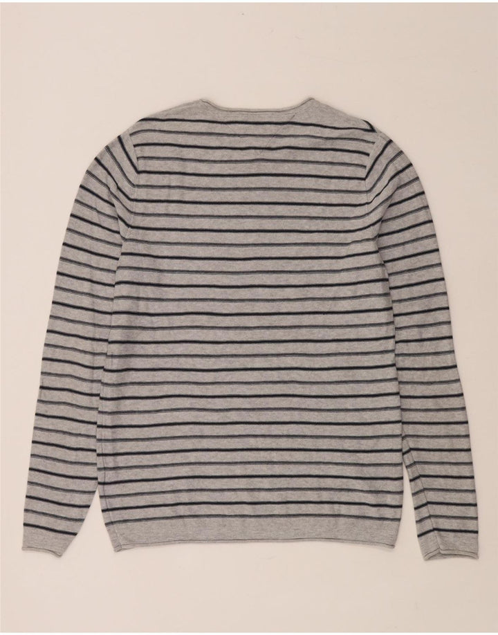TOMMY HILFIGER Pull Col Ras du Cou Homme Gris Moyen Rayé Coton