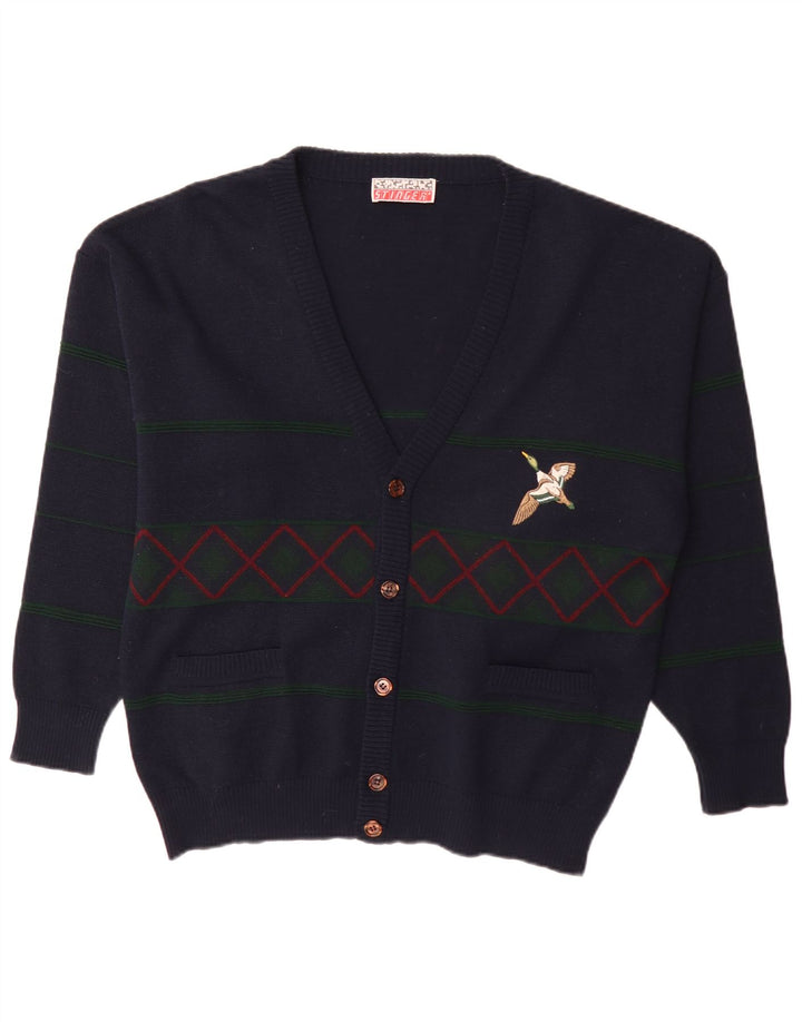 vintage Homme Cardigan Pull XL Bleu Marine Argyle/Diamant