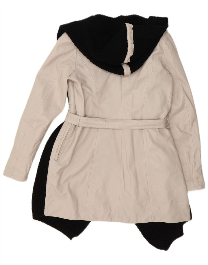 GIAN MORI Manteau à capuche pour femme UK 14 Cuir color block blanc cassé moyen
