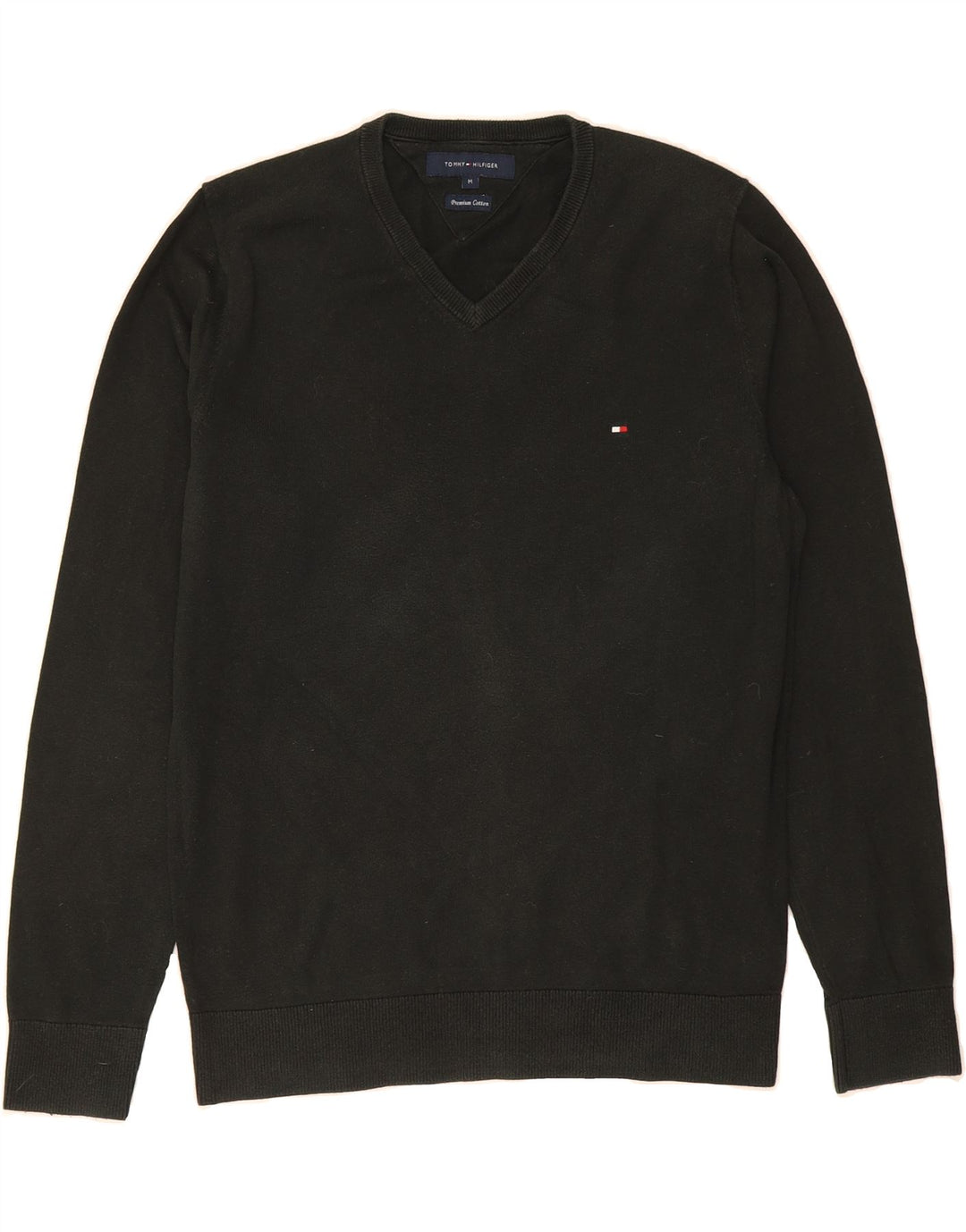TOMMY HILFIGER Mens V-Neck Jumper Sweater Medium Black Cotton Vintage Tommy Hilfiger and Second-Hand Tommy Hilfiger from Messina Hembry 