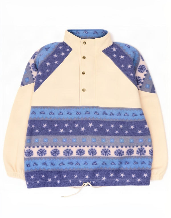 Vintage Pull polaire à col boutonné pour homme Grand polyester Fair Isle blanc cassé