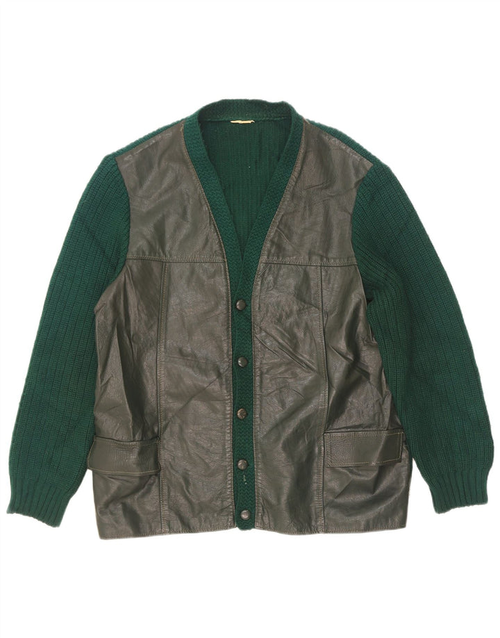 vintage Homme Cuir Cardigan Pull EU 50 Vert Moyen