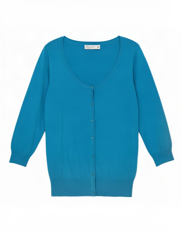Zara Womens Cardigan à manches 3/4 Pull UK 14 Large Bleu Coton
