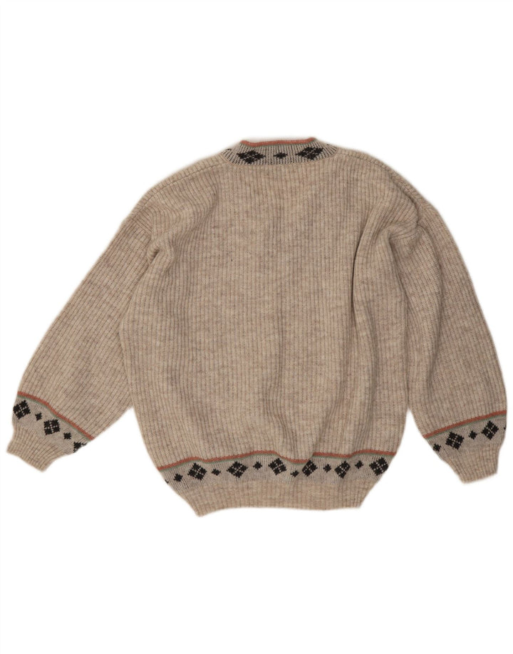 vintage Homme Col V Pull Pull Moyen Beige Géométrique