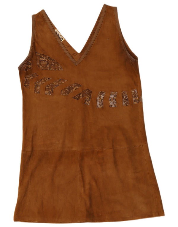 vintage Femme Mini Robe En Daim UK 12 Imprimé Animal Beige Moyen