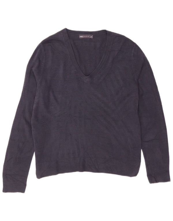 Marks & Spencer Pull col en V pour femme UK 12 Bleu marine moyen Acrylique