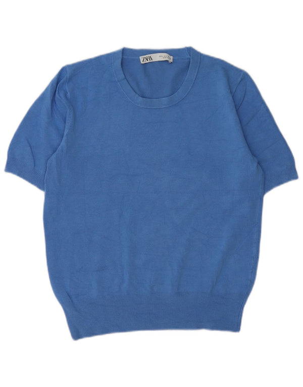 Zara Pull à manches courtes et col rond pour femme UK 16 Large Bleu