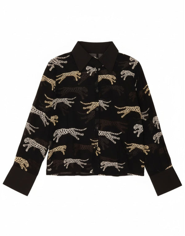 Chemisier chemise femme vintage UK 14 grande viscose imprimé animal noir