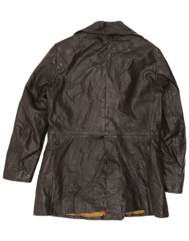 VINTAGE Veste en cuir double boutonnage femme UK 12 Moyen Noir
