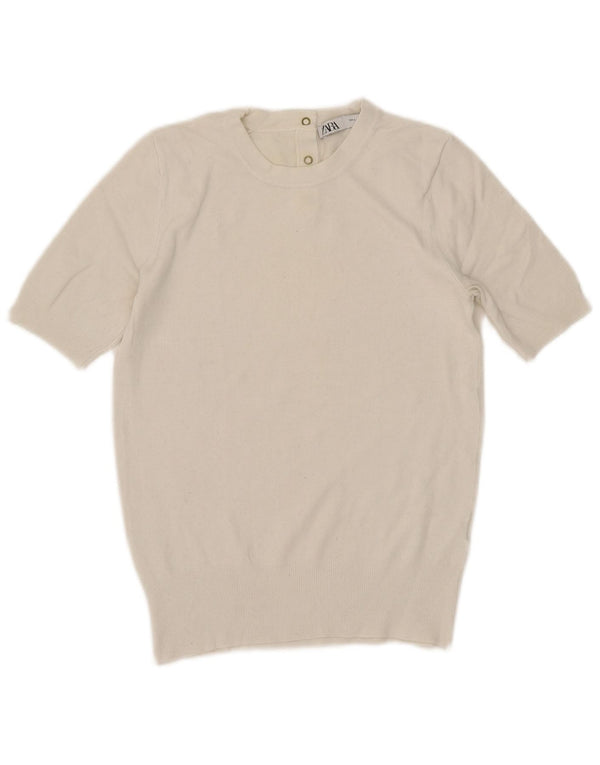 Zara Pull à manches courtes et col rond pour femme UK 10 Small Blanc cassé
