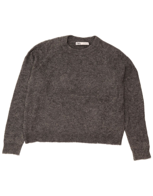 Zara Pull court surdimensionné à col rond pour femme UK 10 Petit nylon gris