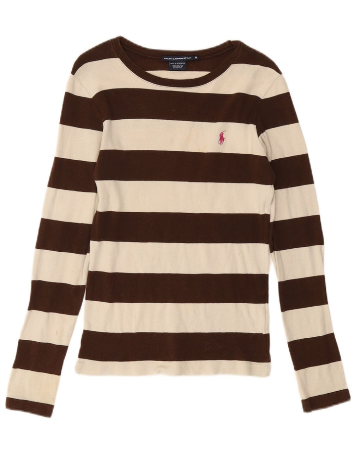 RALPH LAUREN Haut Femme Manches Longues UK 14 Coton Rayé Marron Moyen