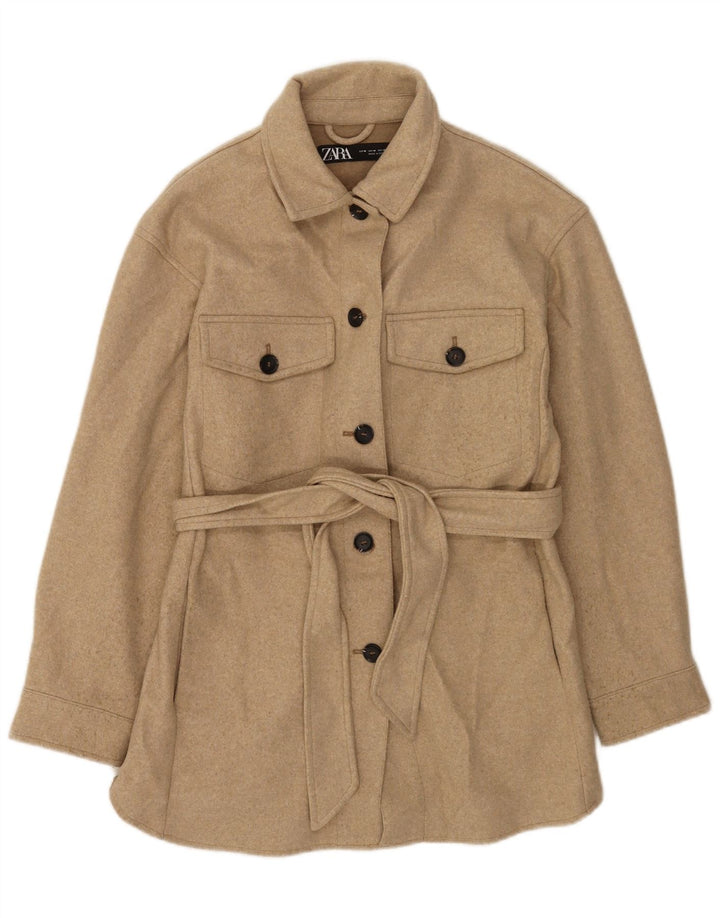 Zara Femme Pardessus UK 14 Polyester Moucheté Beige Moyen