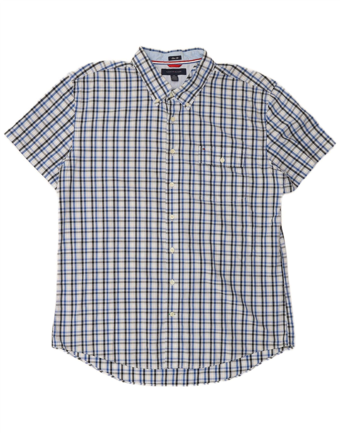 TOMMY HILFIGER Chemise Slim à Manches Courtes pour Hommes 2XL Coton à Carreaux Bleu