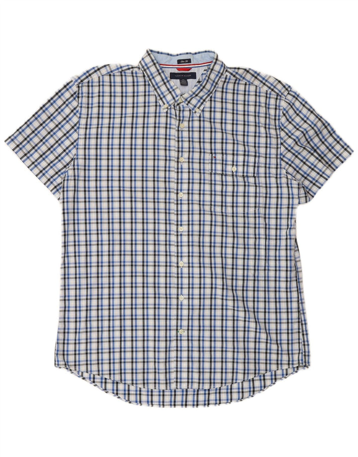TOMMY HILFIGER Chemise Slim à Manches Courtes pour Hommes 2XL Coton à Carreaux Bleu