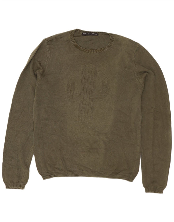 ZARA Pull graphique à col rond pour homme en coton kaki moyen