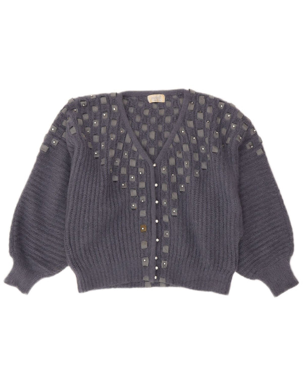 vintage Womens Crop Cardigan Sweater UK 16 Grand Gris Géométrique Angora