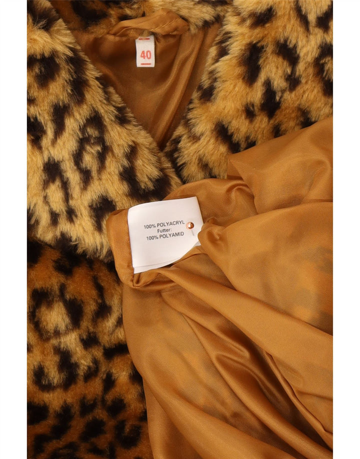 VINTAGE Femmes Oversize Fausse Fourrure Pardessus EU 40 Medium Brown Animal Print