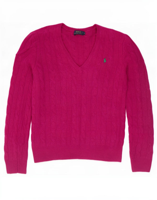 Polo Ralph Lauren Pull col en V pour femme UK 10 Petite laine mérinos rose