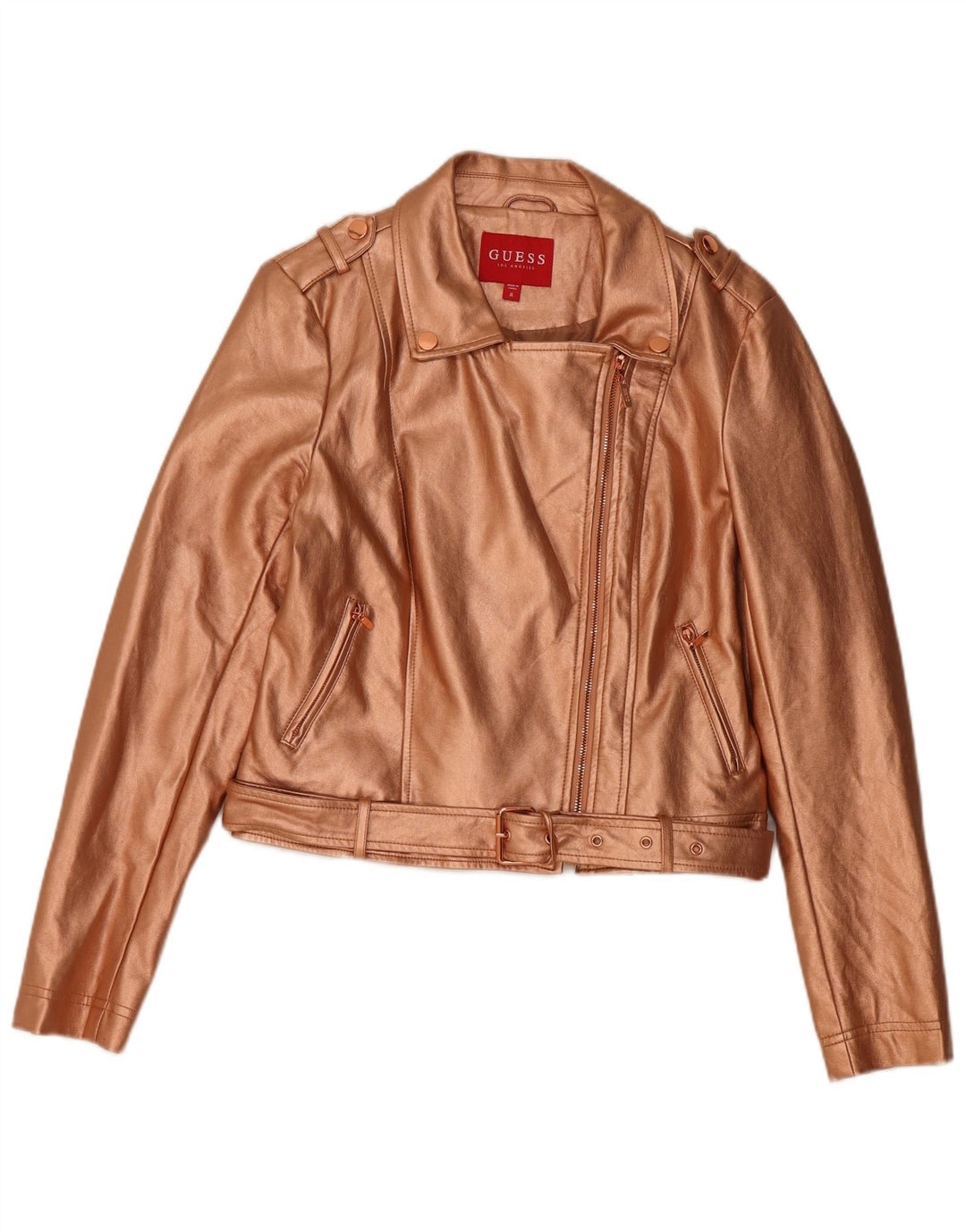 GUESS Veste de motard courte en similicuir pour femme UK 12, polyuréthane doré moyen
