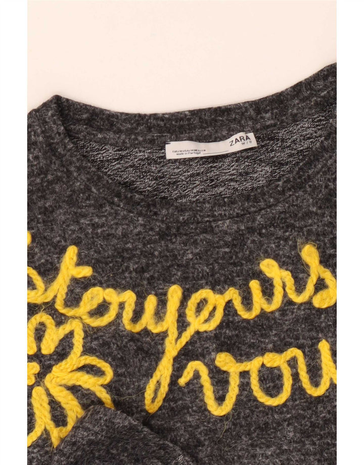 Zara Womens Graphic Top Manches Longues UK 12 Gris Moyen Floral