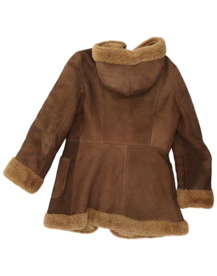 veste en peau de mouton à capuchon femme vintage UK 10 Petit cuir brun