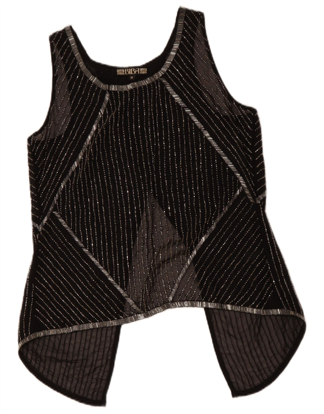 BIBA Haut transparent sans manches pour femme UK 10 Petit polyester rayé noir