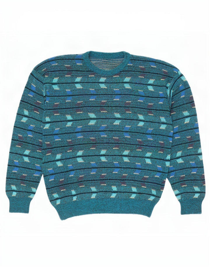 vintage Mens Crew Neck Jumper Pull Moyen Bleu Géométrique