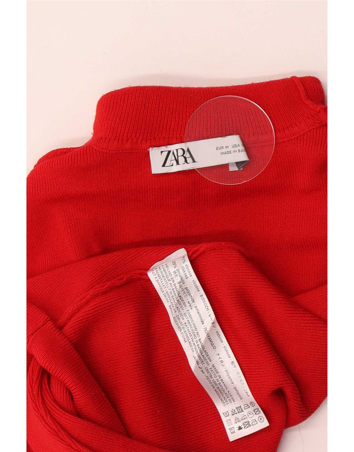 Zara Femme Haut Court Col Roulé Manches Longues UK 12 Viscose Rouge Moyen