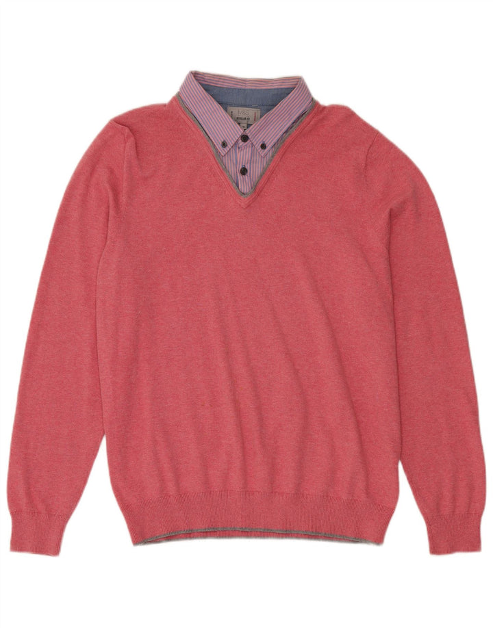 Marks & Spencer Pull col V coupe classique pour homme en coton rose moyen