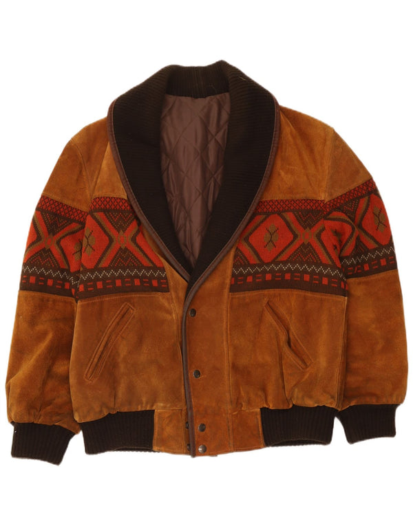 vintage Mens Suede Bomber Jacket UK 40 Grande Viscose Géométrique Beige