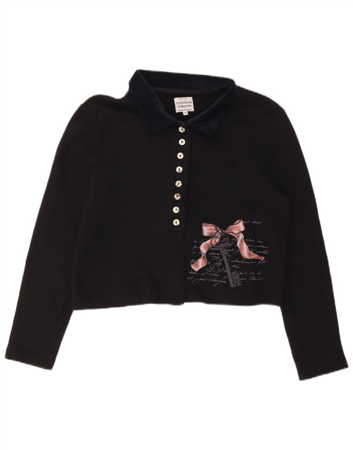 BENETTON Polo court graphique surdimensionné pour femme UK 10 Small Noir