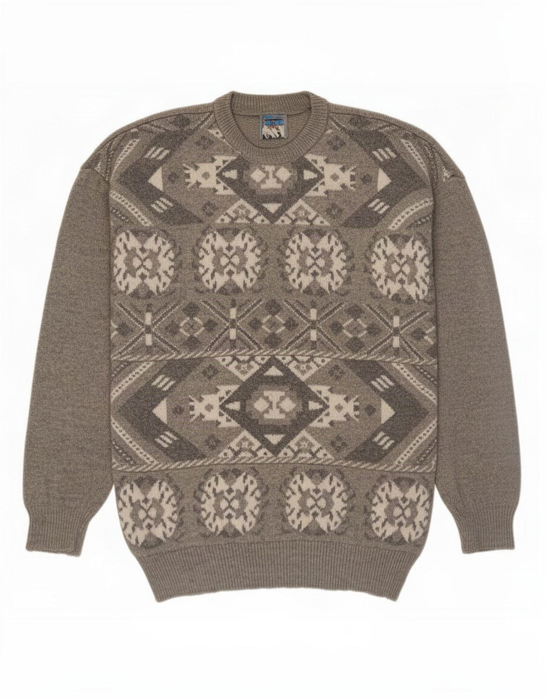 vintage Mens Crew Neck Jumper Pull Gris Moyen Fair Isle