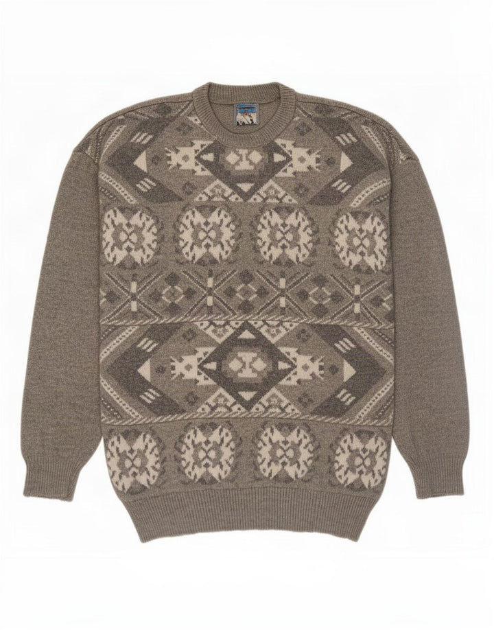 vintage Mens Crew Neck Jumper Pull Gris Moyen Fair Isle