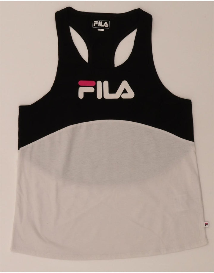 FILA Womens Graphic Vest Top UK 12 Medium Black Colourblock Polyester Vintage Fila and Second-Hand Fila from Messina Hembry 