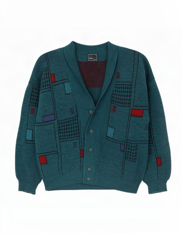 vintage Mens Cardigan Pull XL Vert Géométrique Laine