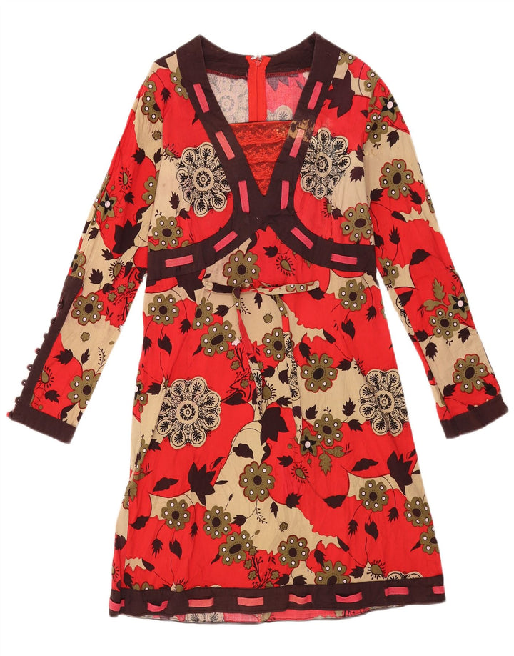 vintage Femmes Robe de base à manches longues UK 12 Coton floral rouge moyen