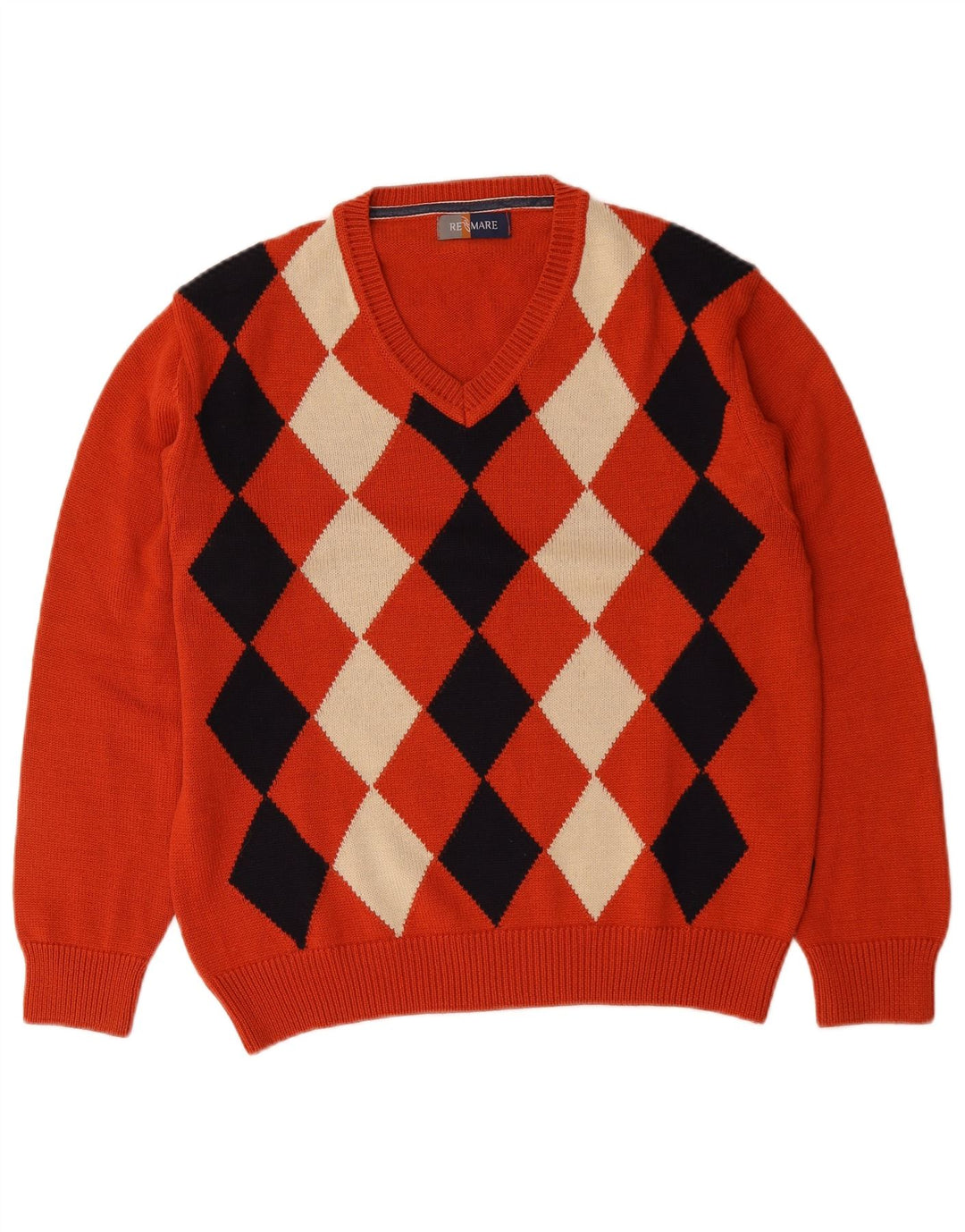 Re Del Mare Pull Col V Homme Orange Moyen Argyle/Diamant Laine