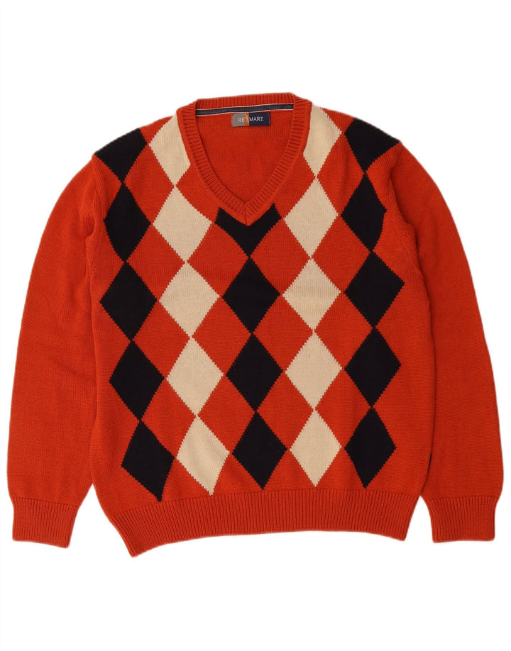 Re Del Mare Pull Col V Homme Orange Moyen Argyle/Diamant Laine