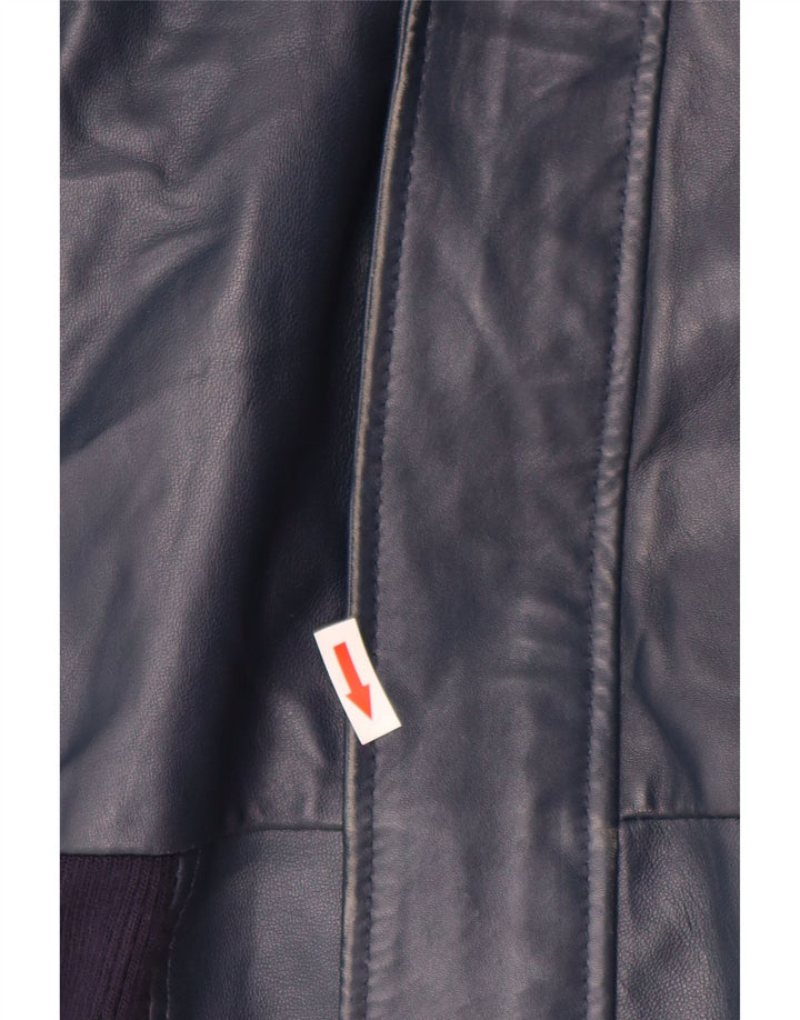 VINTAGE Veste en cuir à capuche femme UK 14 Grand cuir bleu marine