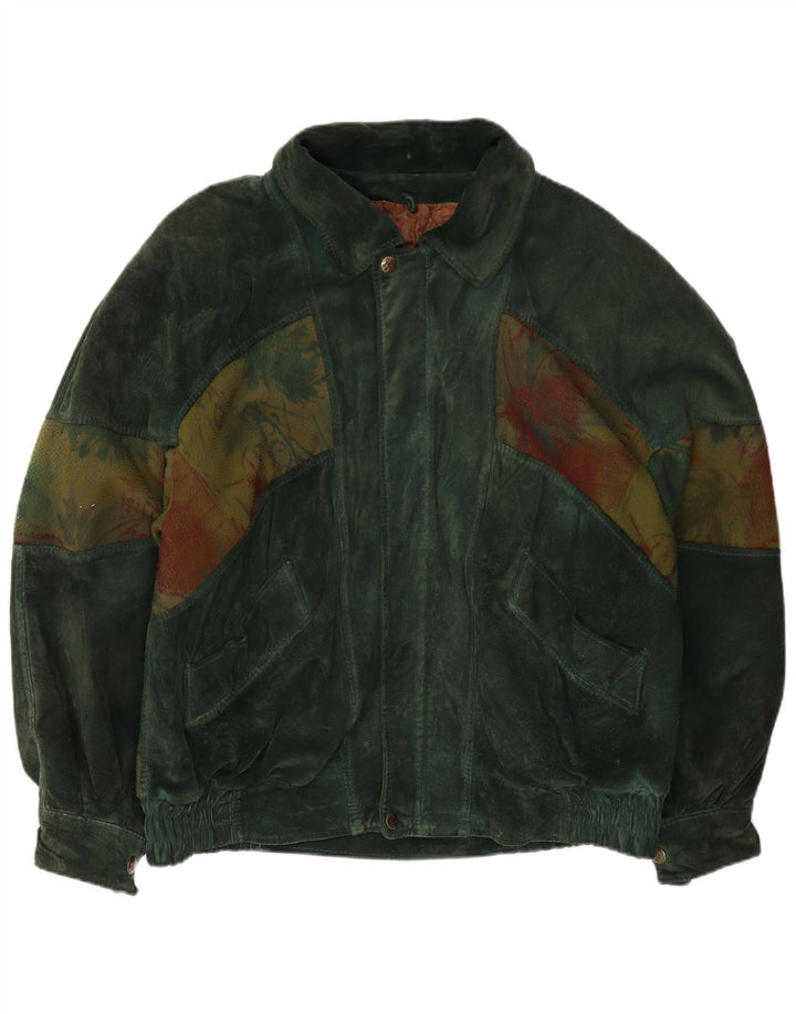 vintage Mens Abstract Pattern Suede Bomber Jacket IT 50 Grand Cuir Vert