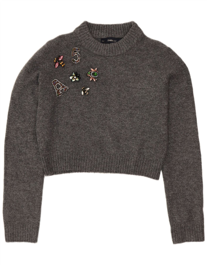Zara Pull surdimensionné à col rond pour femme UK 10 Petit Gris