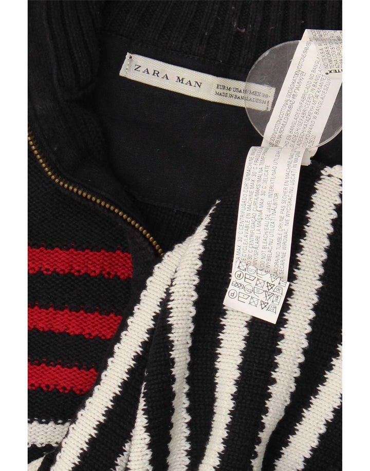 Zara Pull Col Zippé Homme Bleu Marine Rayé Coton Moyen