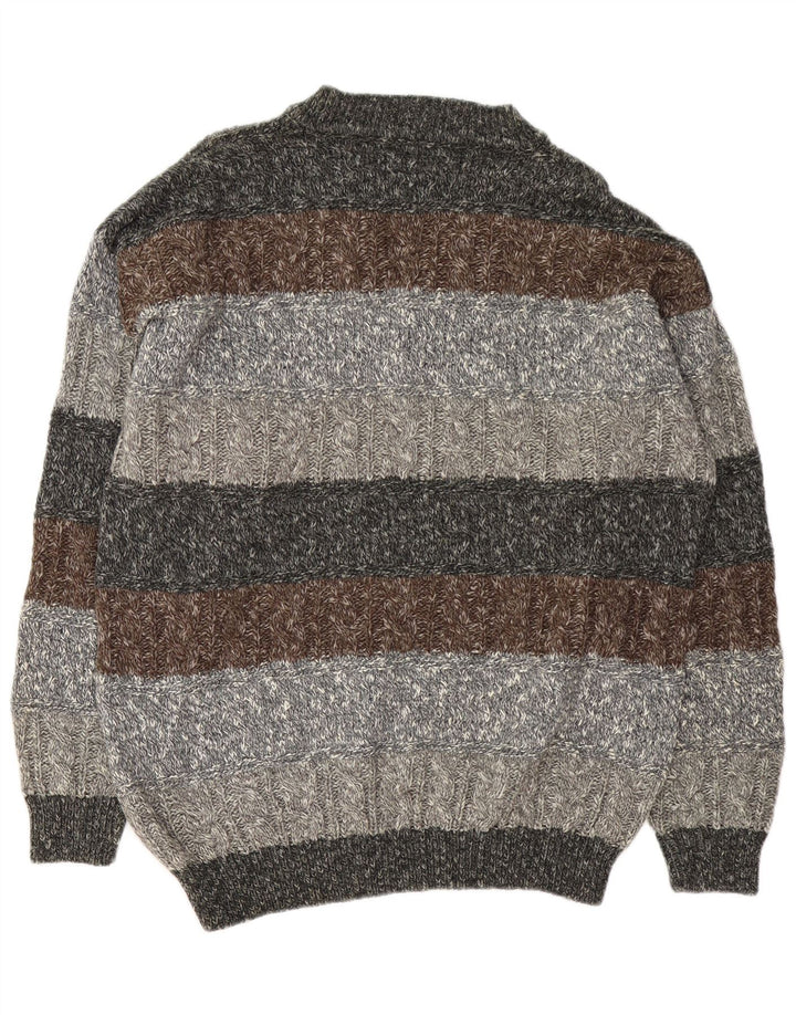 vintage Mens V-Col Jumper Pull XL Gris Rayé Laine