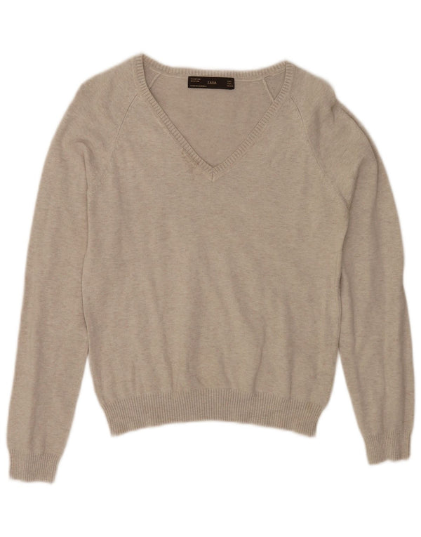 Zara Pull court à col en V pour femme UK 14 Grand coton gris