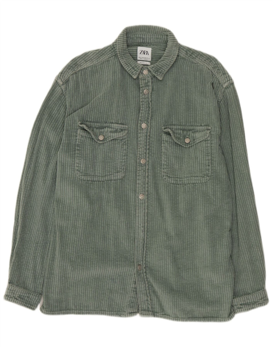 ZARA Chemise Coupe Relax en Velours Côtelé Homme Vert Moyen Coton