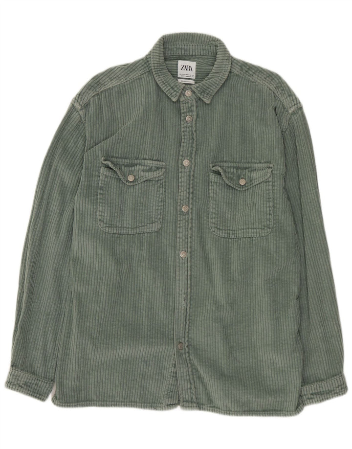 ZARA Chemise Coupe Relax en Velours Côtelé Homme Vert Moyen Coton